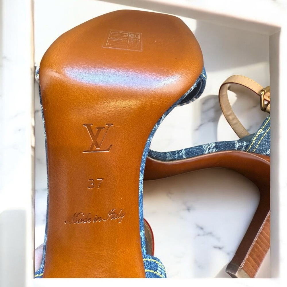 BNIB Louis Vuitton Patchwork Denim Dots Tan and Blue Sandals Size 37 - Picture 4 of 5